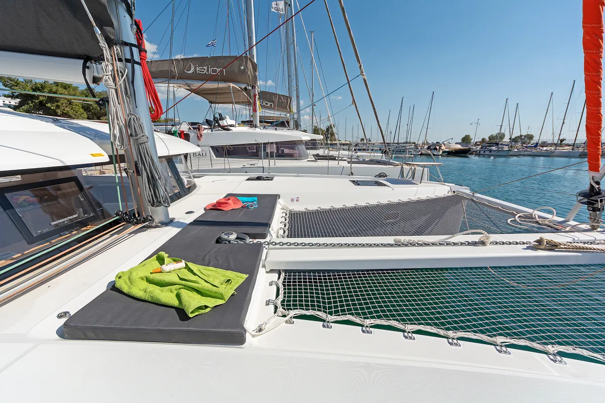 Deck of Little Blue Ocean, a Excess 11 catamaran at Parikia, Greece