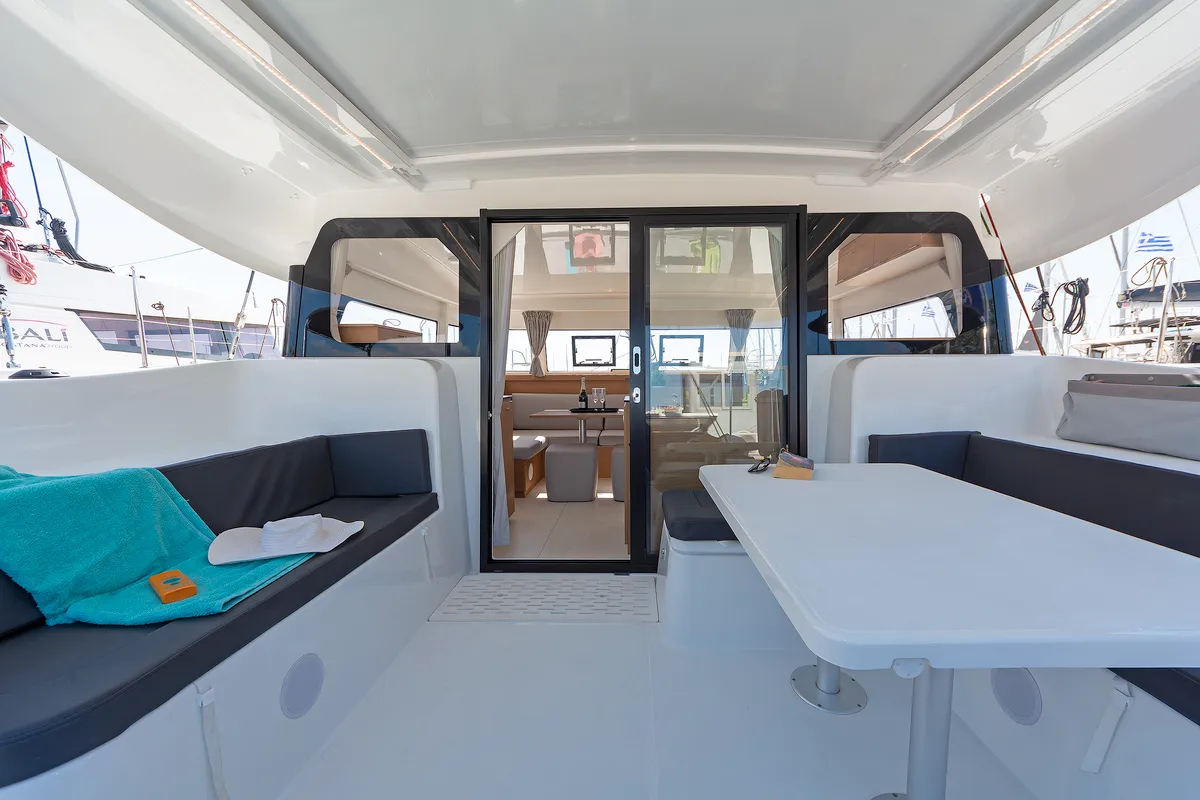 Deck of Little Blue Ocean, a Excess 11 catamaran at Parikia, Greece
