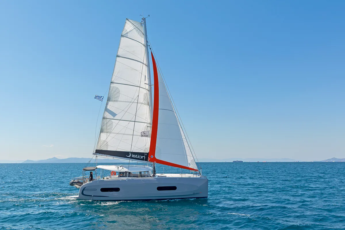 Exterior view of Little Blue Ocean, a Excess 11 catamaran at Parikia, Greece