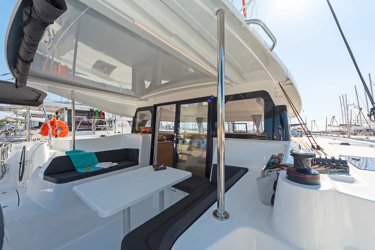 Deck of Little Blue Ocean, a Excess 11 catamaran at Parikia, Greece