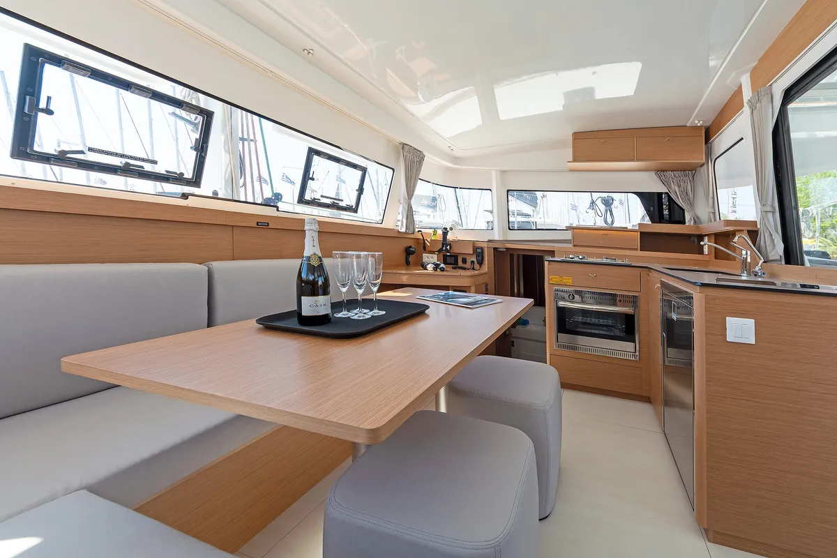 Salon of Little Blue Ocean, a Excess 11 catamaran at Parikia, Greece