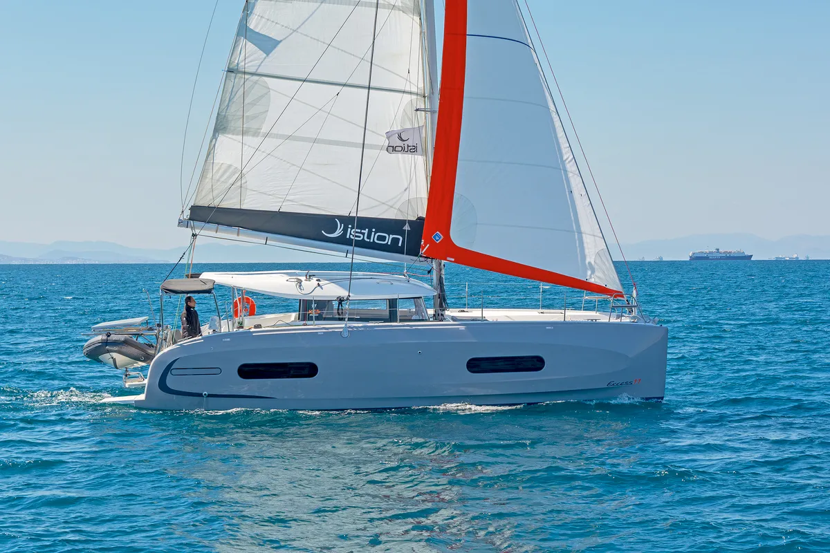 Exterior view of Little Blue Ocean, a Excess 11 catamaran at Parikia, Greece