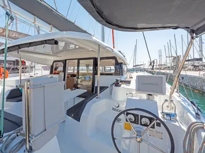 Cockpit of Little Blue Ocean, a Excess 11 catamaran at Parikia, Greece