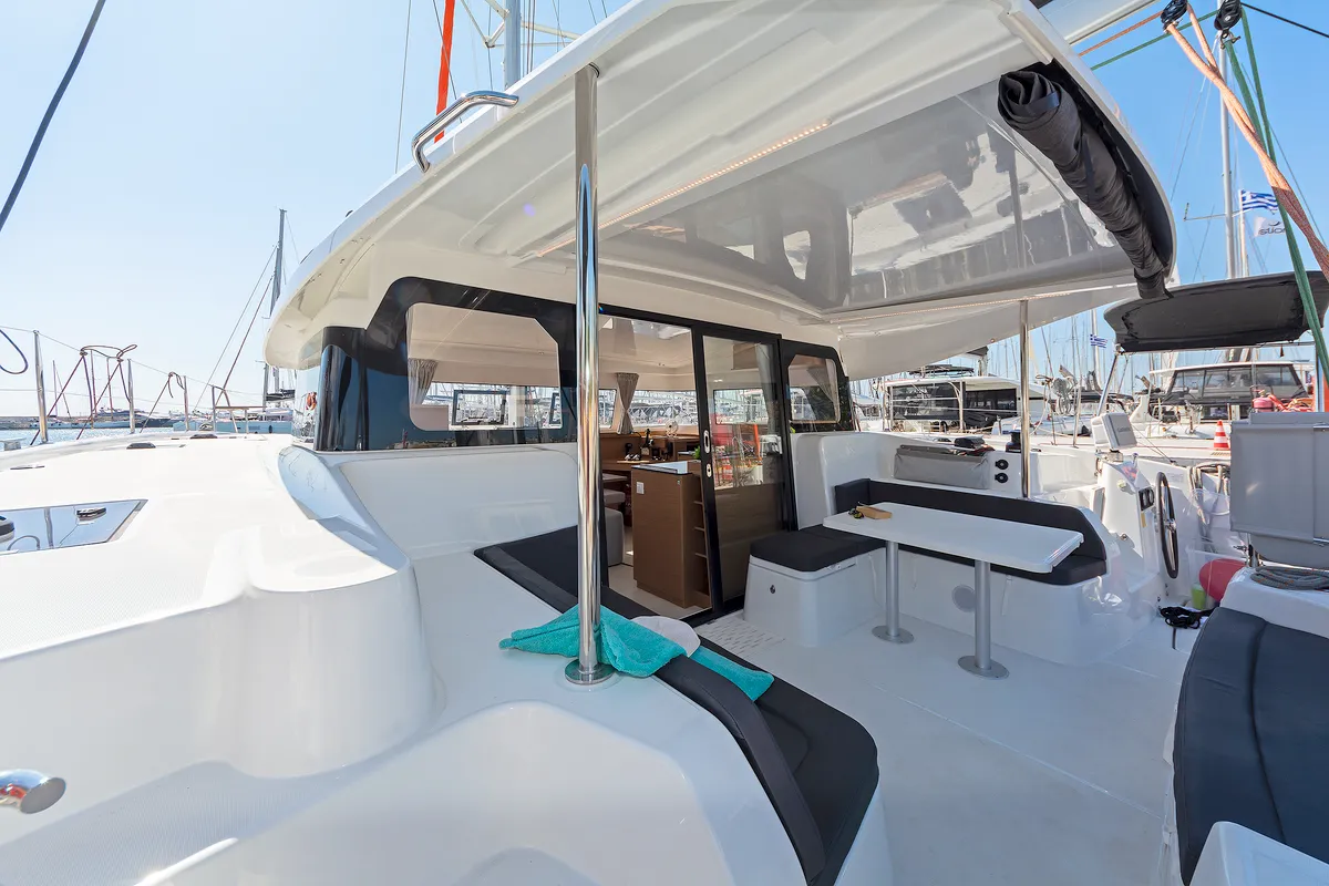 Deck of Little Blue Ocean, a Excess 11 catamaran at Parikia, Greece