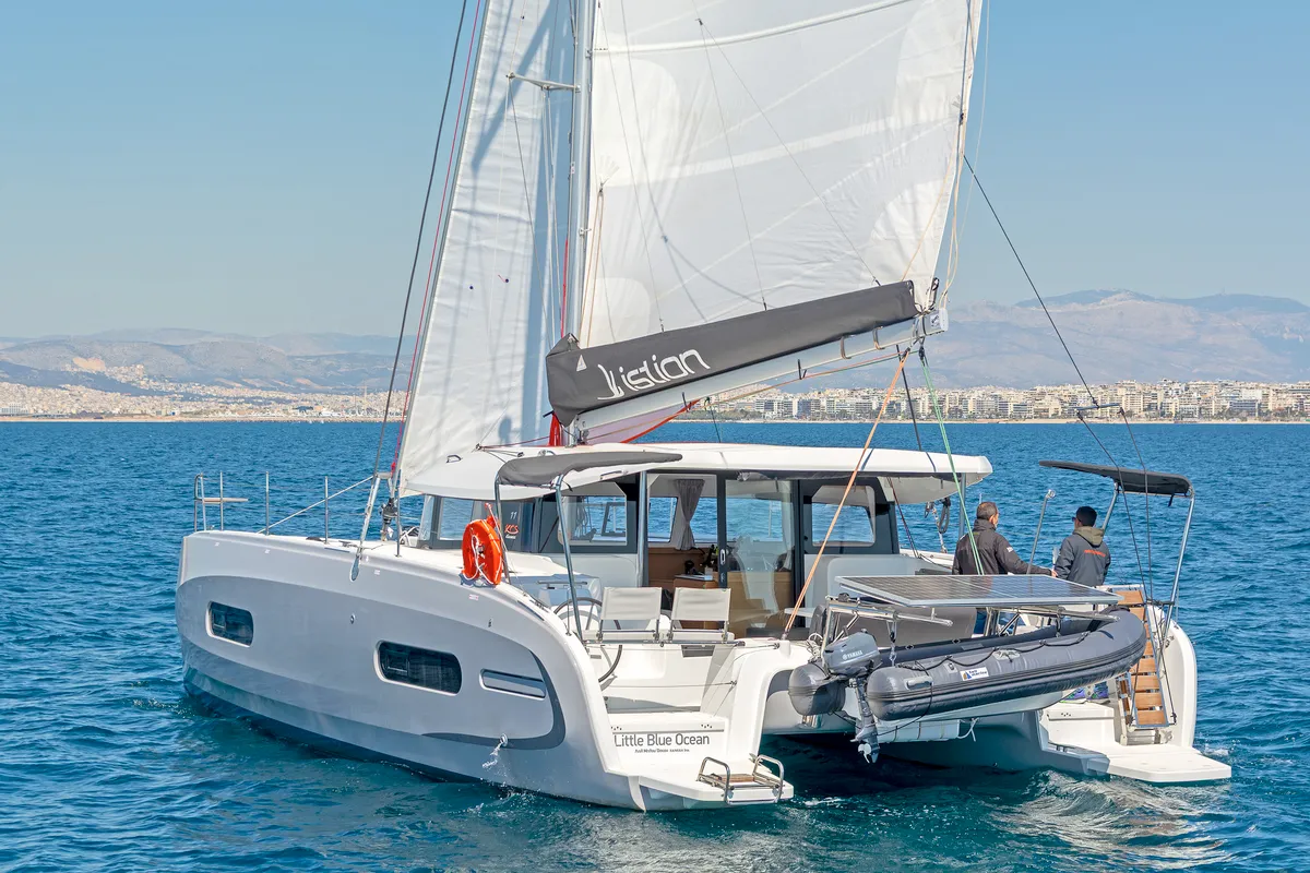 Exterior view of Little Blue Ocean, a Excess 11 catamaran at Parikia, Greece