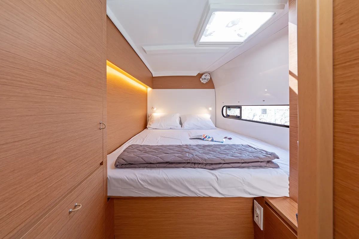 Cabin on Little Blue Ocean, a Excess 11 catamaran at Parikia, Greece