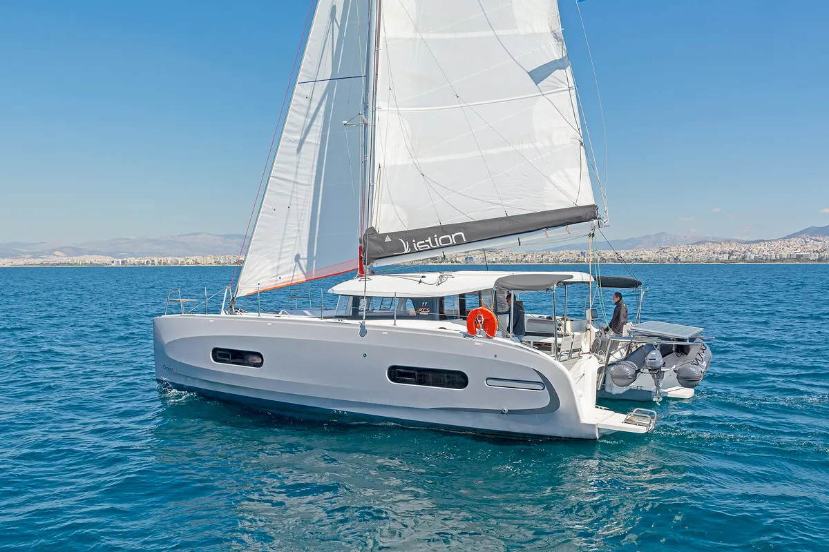 Exterior view of Little Blue Ocean, a Excess 11 catamaran at Parikia, Greece