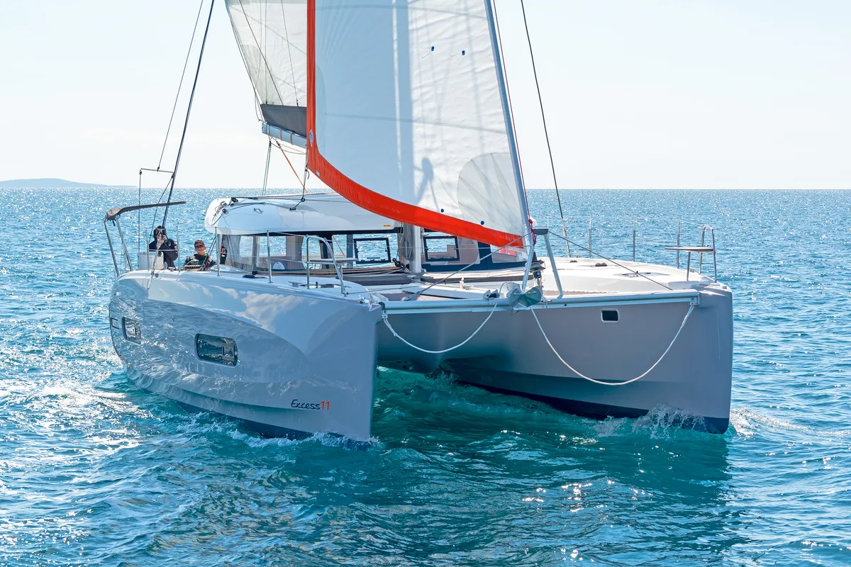 Exterior view of Little Blue Ocean, a Excess 11 catamaran at Parikia, Greece
