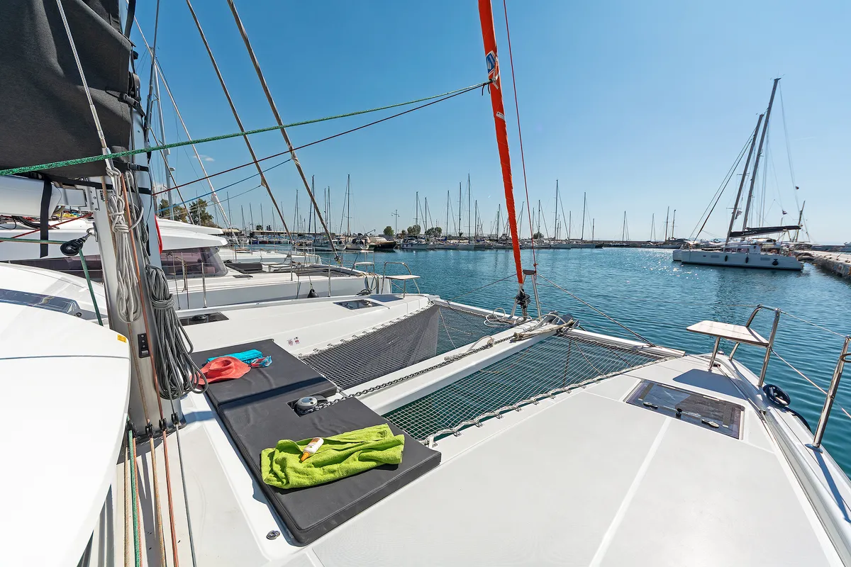 Deck of Little Blue Ocean, a Excess 11 catamaran at Parikia, Greece