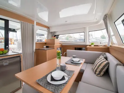 Salon of Little Blue Ocean, a Excess 11 catamaran at Parikia, Greece