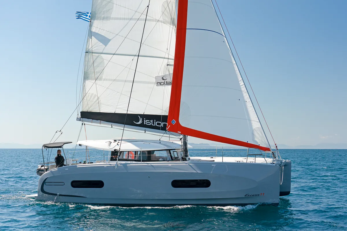 Exterior view of Little Blue Ocean, a Excess 11 catamaran at Parikia, Greece