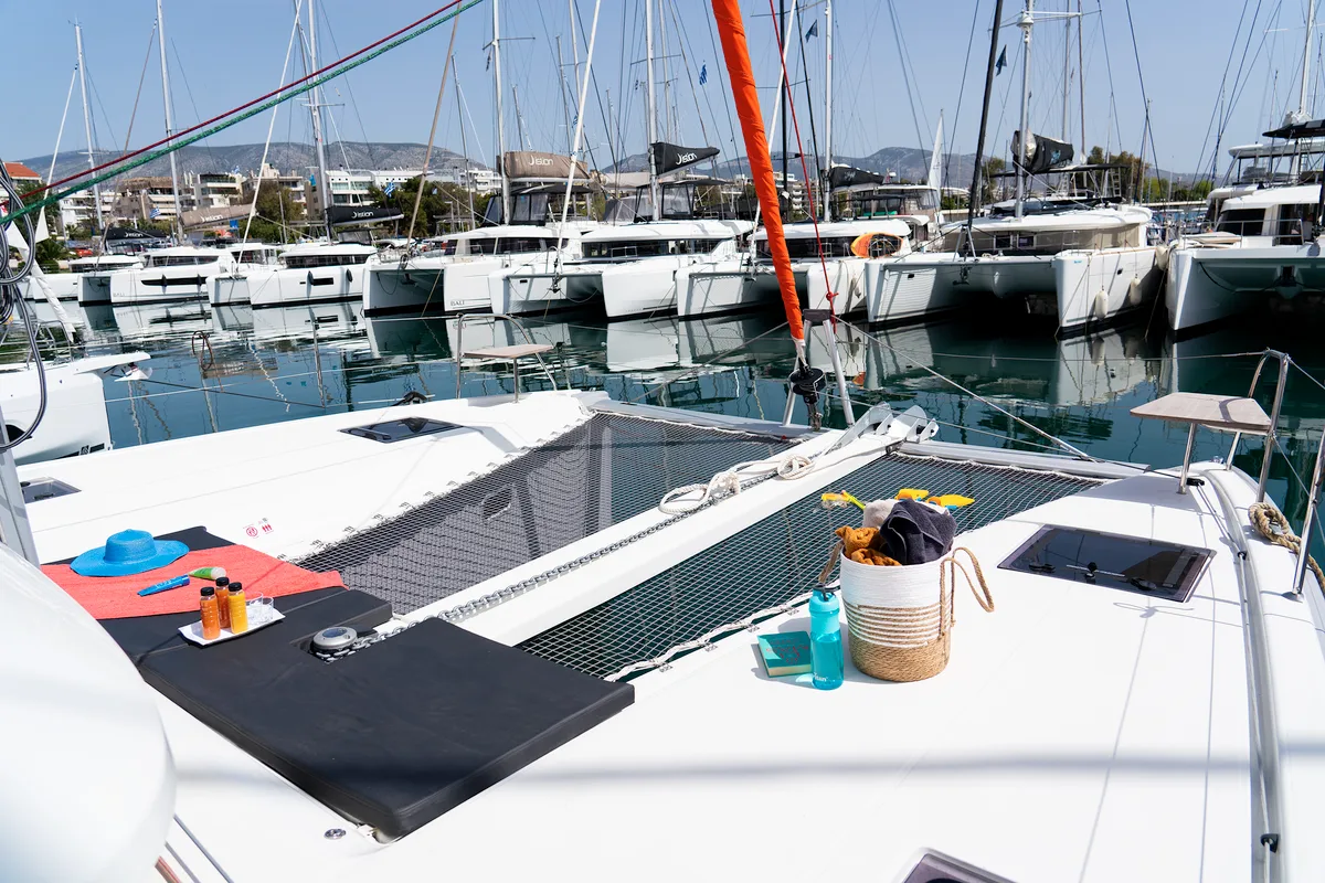 Deck of Little Blue Ocean, a Excess 11 catamaran at Parikia, Greece