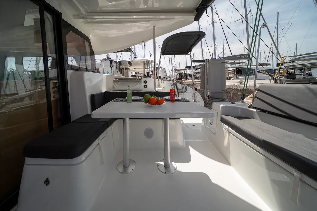 Deck of Little Blue Ocean, a Excess 11 catamaran at Parikia, Greece