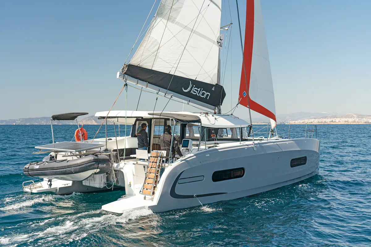 Exterior view of Little Blue Ocean, a Excess 11 catamaran at Parikia, Greece