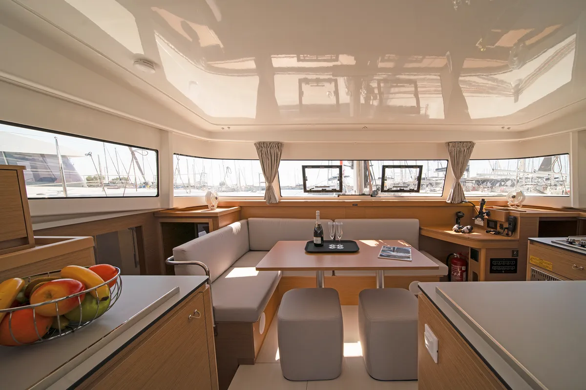 Salon of Little Blue Ocean, a Excess 11 catamaran at Parikia, Greece