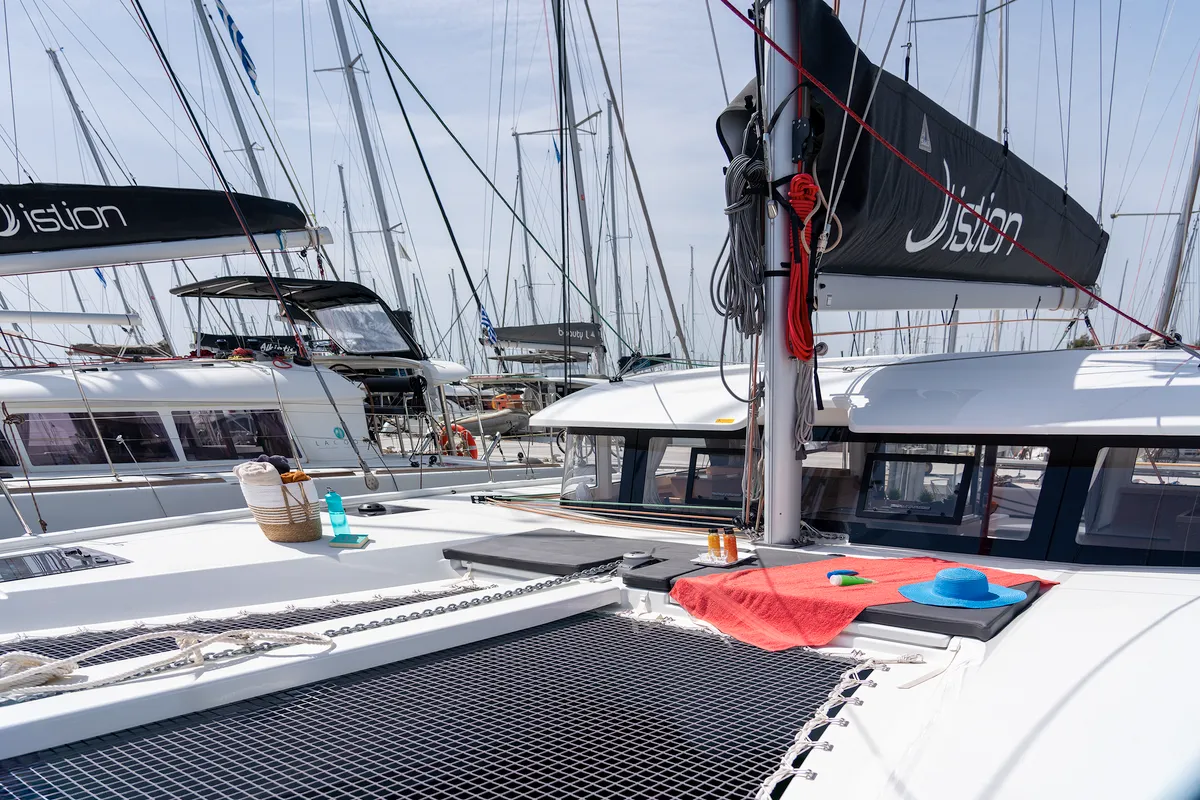 Deck of Little Blue Ocean, a Excess 11 catamaran at Parikia, Greece