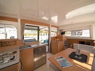 Galley of Little Blue Ocean, a Excess 11 catamaran at Parikia, Greece