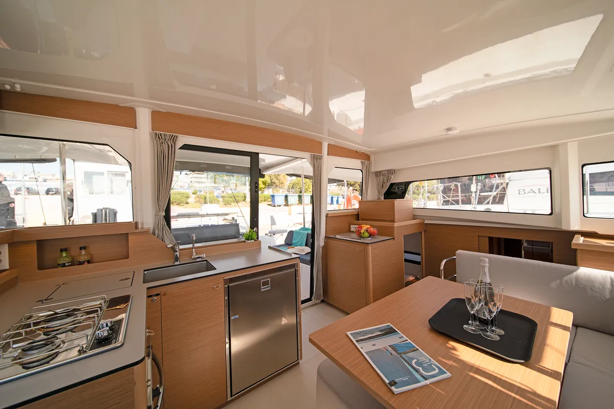 Galley of Little Blue Ocean, a Excess 11 catamaran at Parikia, Greece