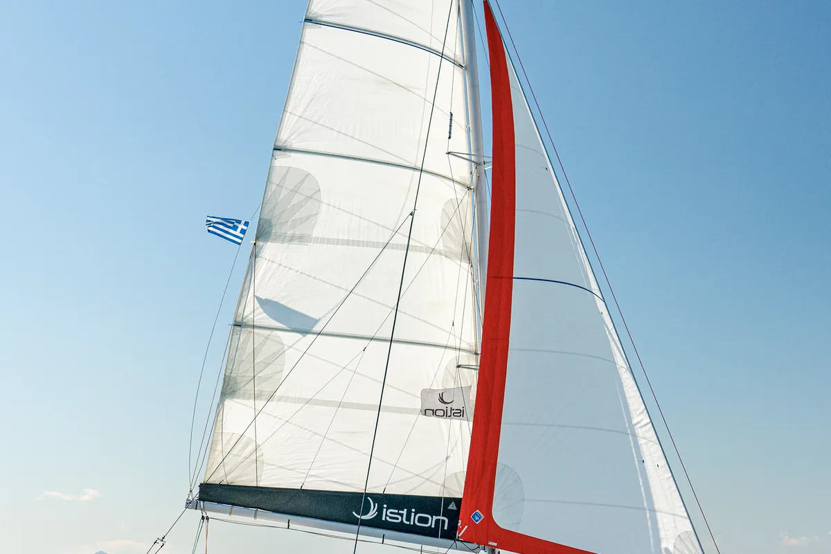 Exterior view of Little Blue Ocean, a Excess 11 catamaran at Parikia, Greece