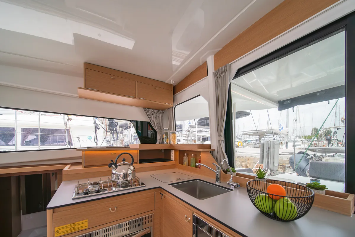 Galley of Little Blue Ocean, a Excess 11 catamaran at Parikia, Greece
