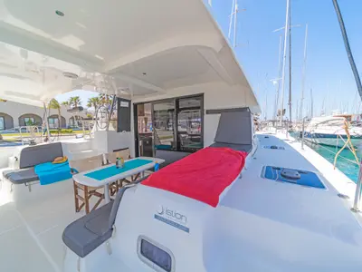 Deck of Melissanthi, a Lagoon 42 catamaran at Kos, Greece