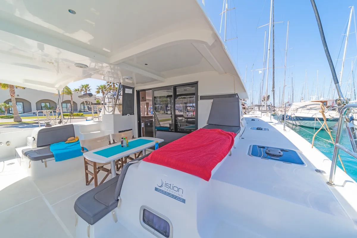 Deck of Melissanthi, a Lagoon 42 catamaran at Kos, Greece