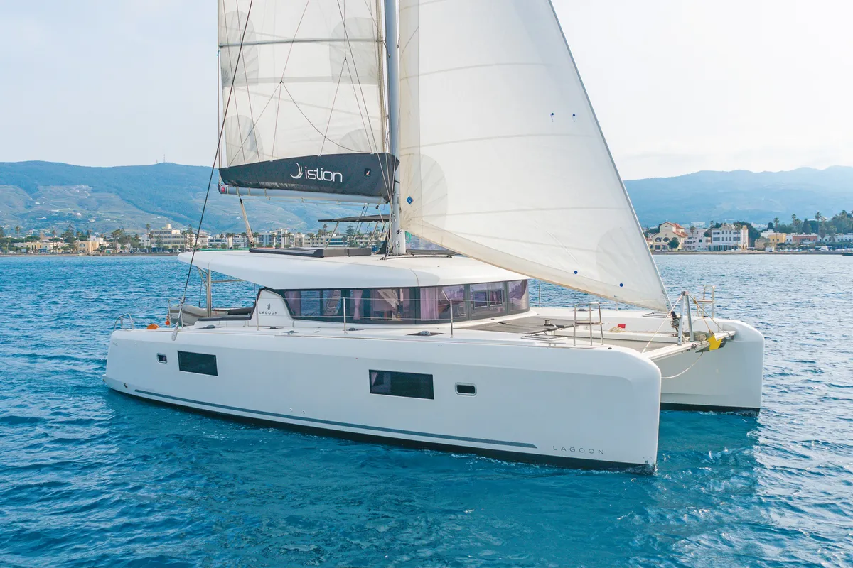 Exterior view of Melissanthi, a Lagoon 42 catamaran at Kos, Greece
