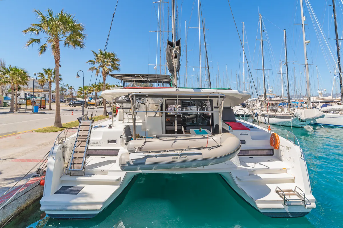 Exterior view of Melissanthi, a Lagoon 42 catamaran at Kos, Greece