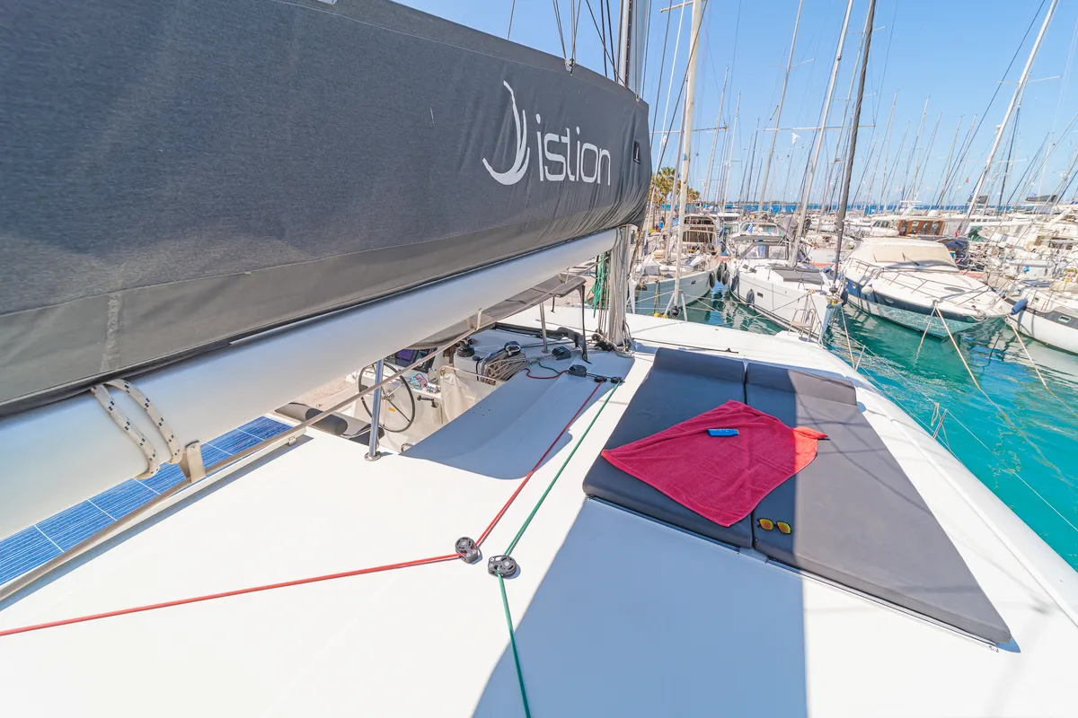 Deck of Melissanthi, a Lagoon 42 catamaran at Kos, Greece