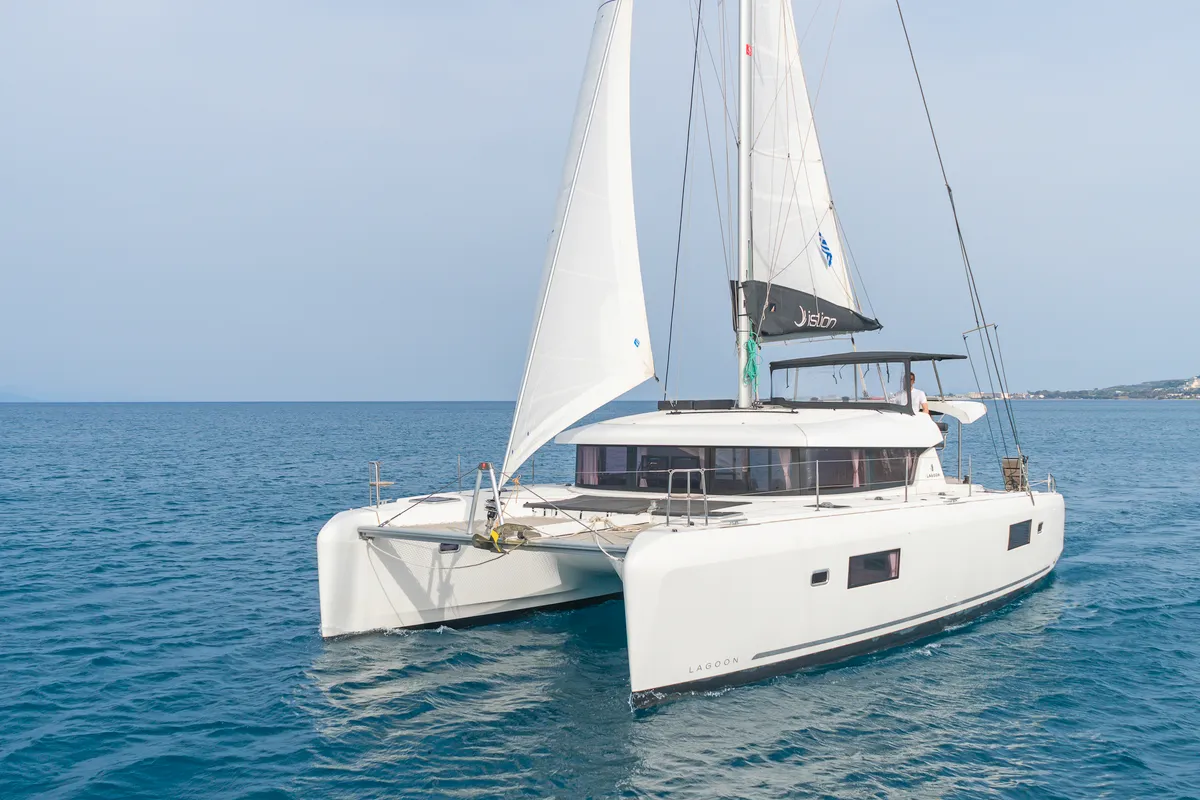Exterior view of Melissanthi, a Lagoon 42 catamaran at Kos, Greece