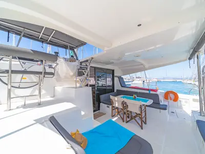 Cockpit of Melissanthi, a Lagoon 42 catamaran at Kos, Greece
