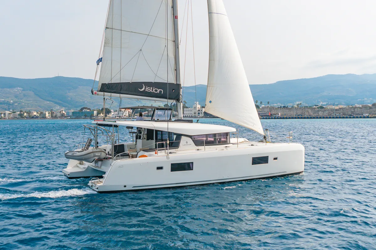 Exterior view of Melissanthi, a Lagoon 42 catamaran at Kos, Greece