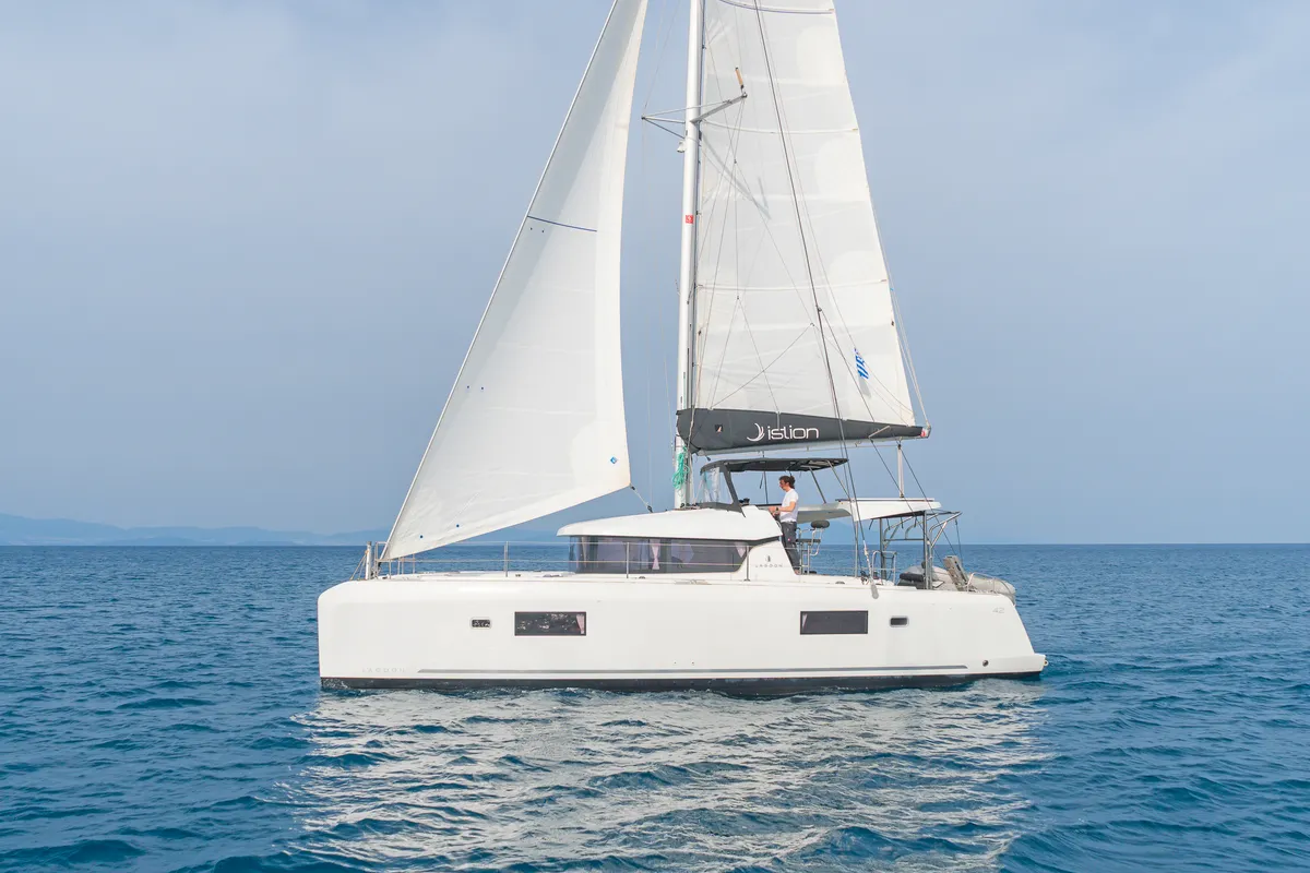 Exterior view of Melissanthi, a Lagoon 42 catamaran at Kos, Greece