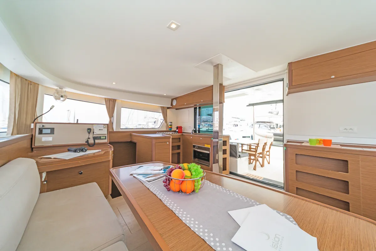 Salon of Melissanthi, a Lagoon 42 catamaran at Kos, Greece