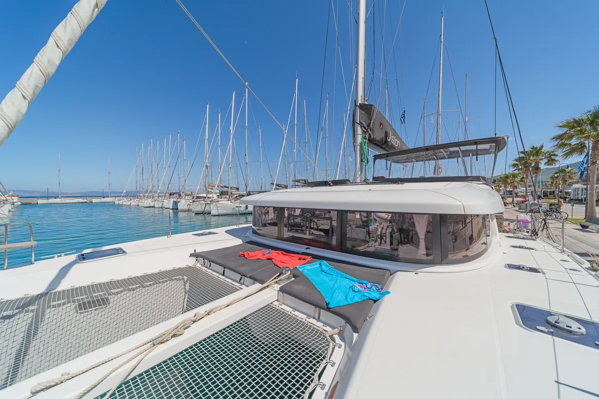 Deck of Melissanthi, a Lagoon 42 catamaran at Kos, Greece