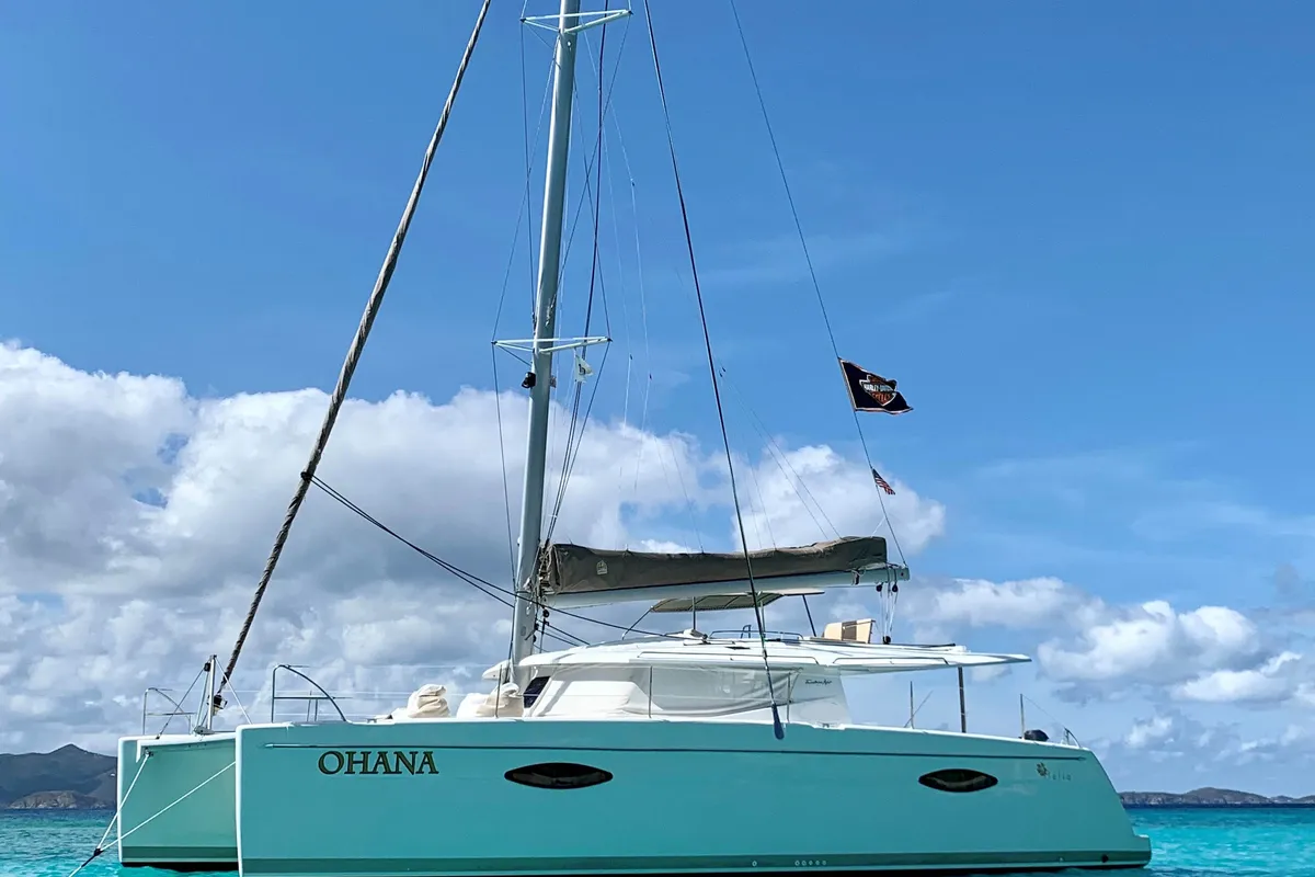 Exterior view of Ohana, a Fountaine Pajot Helia 44 catamaran at Road Town, British Virgin Islands