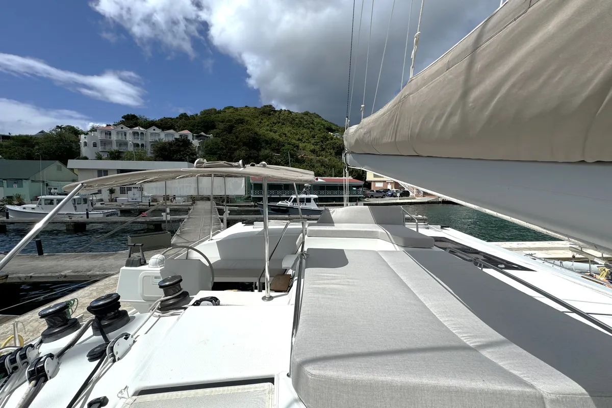 Deck of Ohana, a Fountaine Pajot Helia 44 catamaran at Road Town, British Virgin Islands