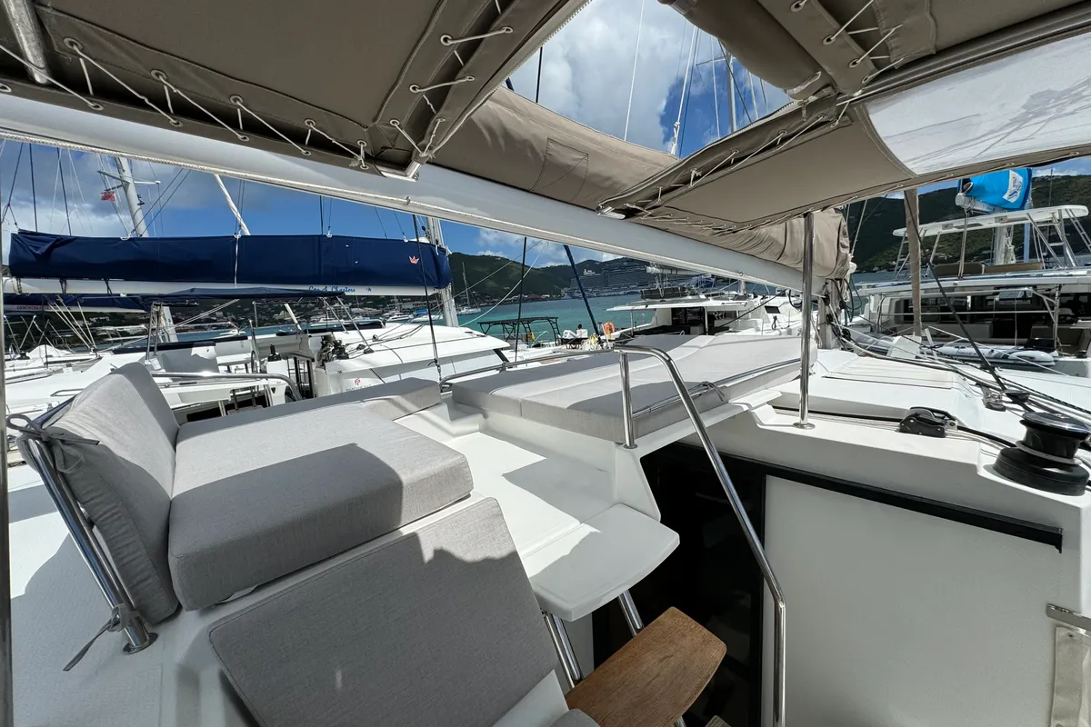 Deck of Ohana, a Fountaine Pajot Helia 44 catamaran at Road Town, British Virgin Islands