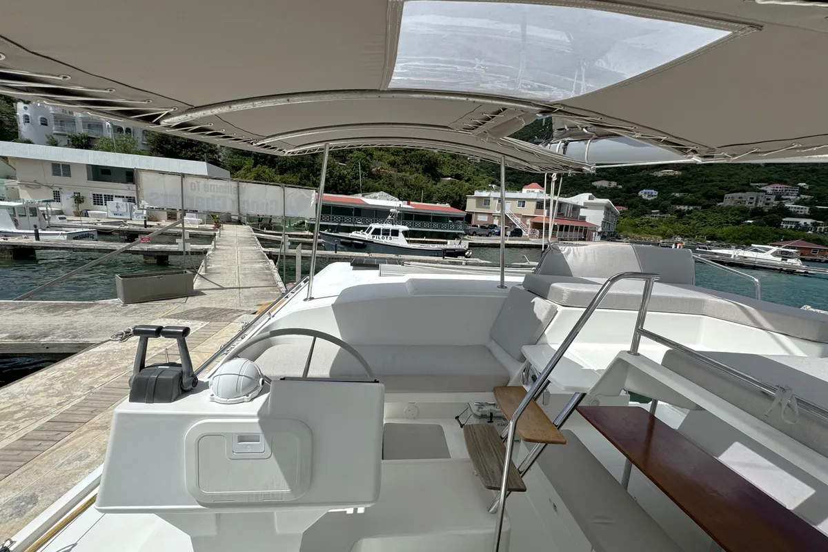 Cockpit of Ohana, a Fountaine Pajot Helia 44 catamaran at Road Town, British Virgin Islands