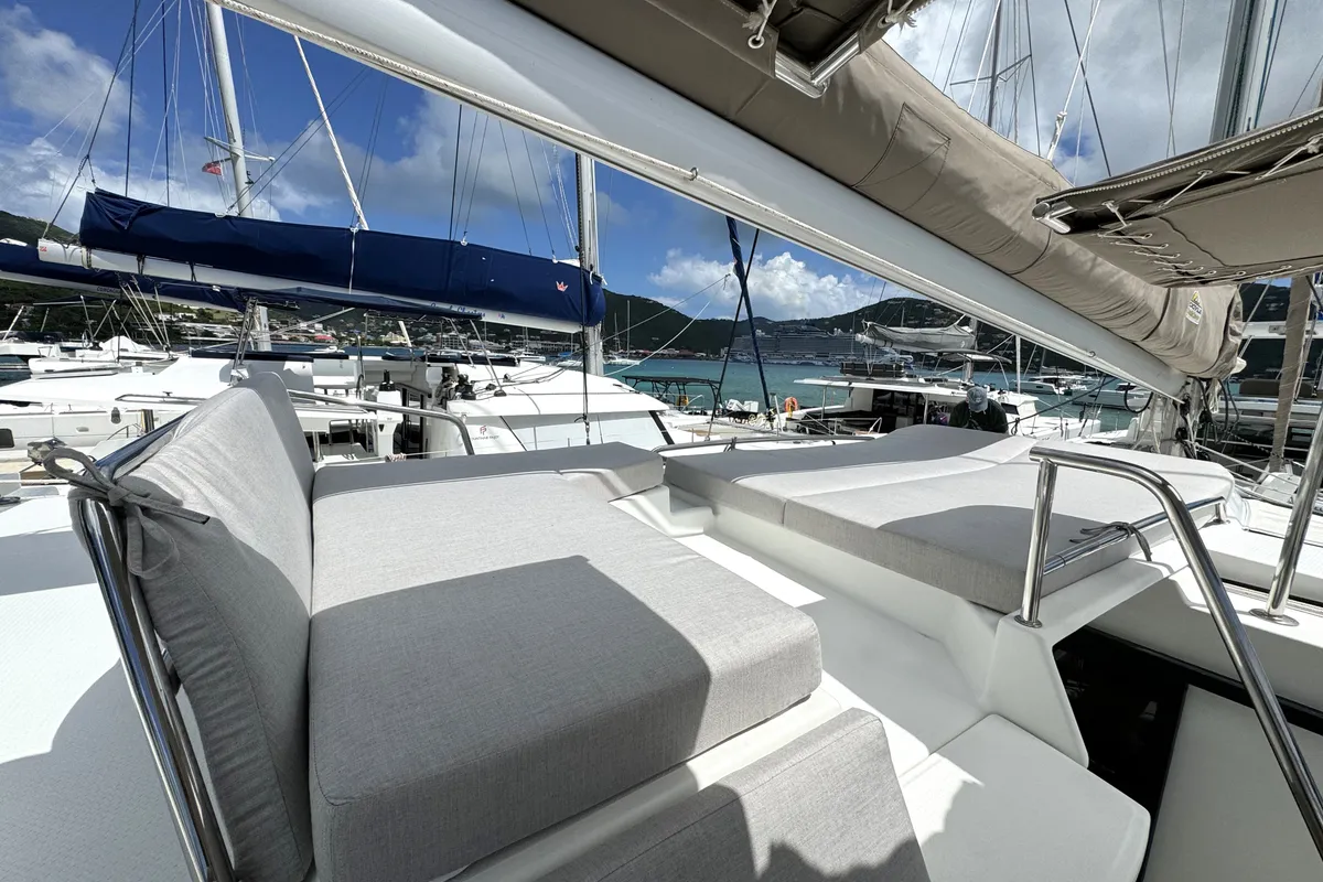 Deck of Ohana, a Fountaine Pajot Helia 44 catamaran at Road Town, British Virgin Islands