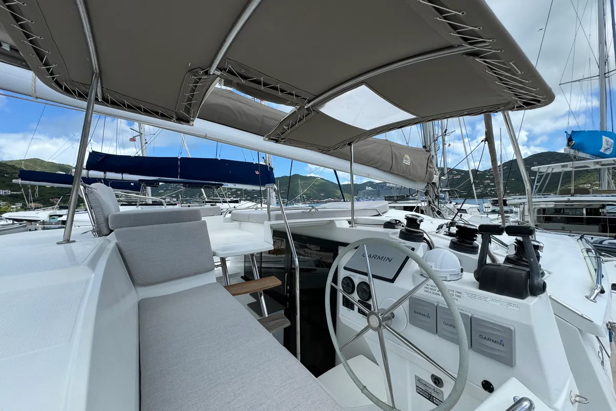Cockpit of Ohana, a Fountaine Pajot Helia 44 catamaran at Road Town, British Virgin Islands