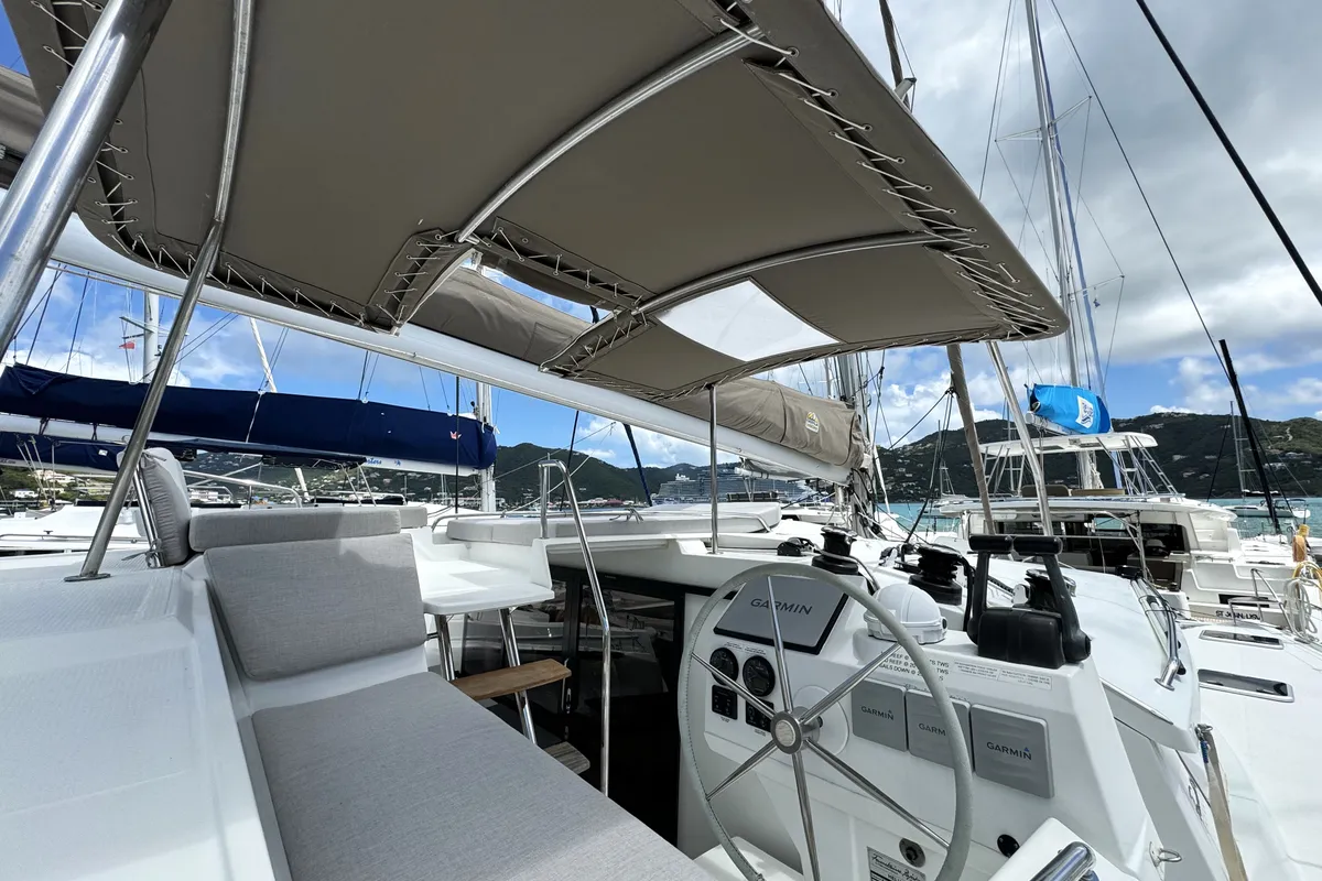 Cockpit of Ohana, a Fountaine Pajot Helia 44 catamaran at Road Town, British Virgin Islands