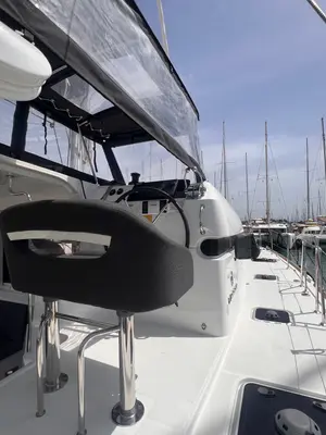 Cockpit of SOPHIE, a Lagoon 40 catamaran at Kontokali, Greece