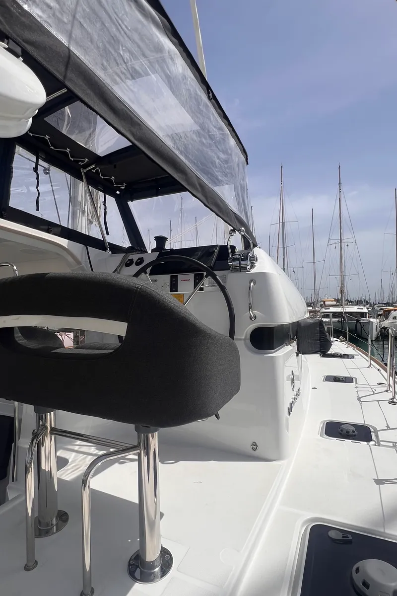 Cockpit of SOPHIE, a Lagoon 40 catamaran at Kontokali, Greece