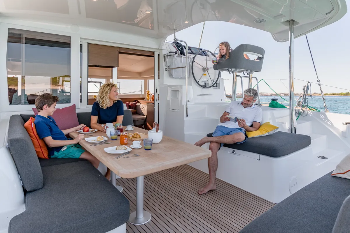 Deck of SOPHIE, a Lagoon 40 catamaran at Kontokali, Greece