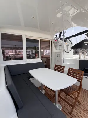 Deck of SOPHIE, a Lagoon 40 catamaran at Kontokali, Greece
