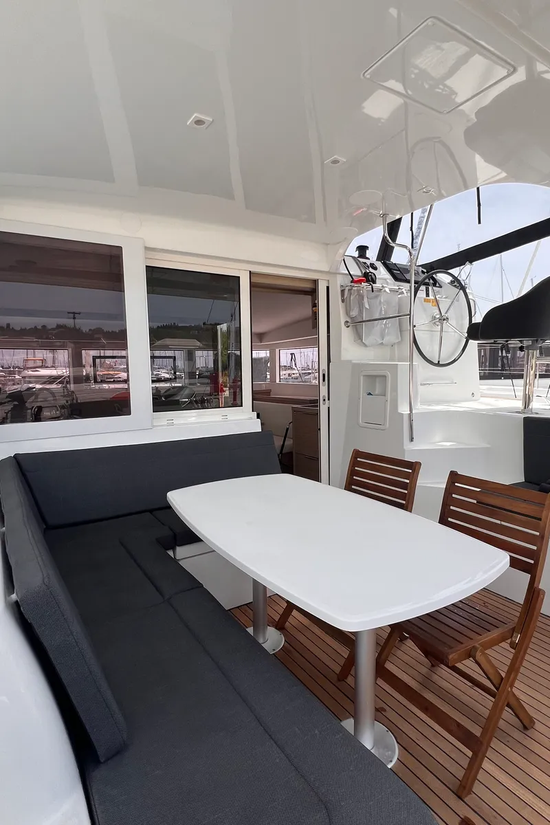 Deck of SOPHIE, a Lagoon 40 catamaran at Kontokali, Greece