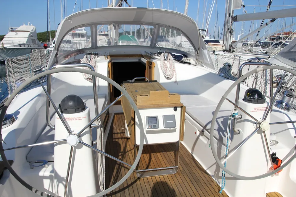 Cockpit of Inipi, a Bavaria Cruiser 40 sailboat at Općina Vrsar, Croatia