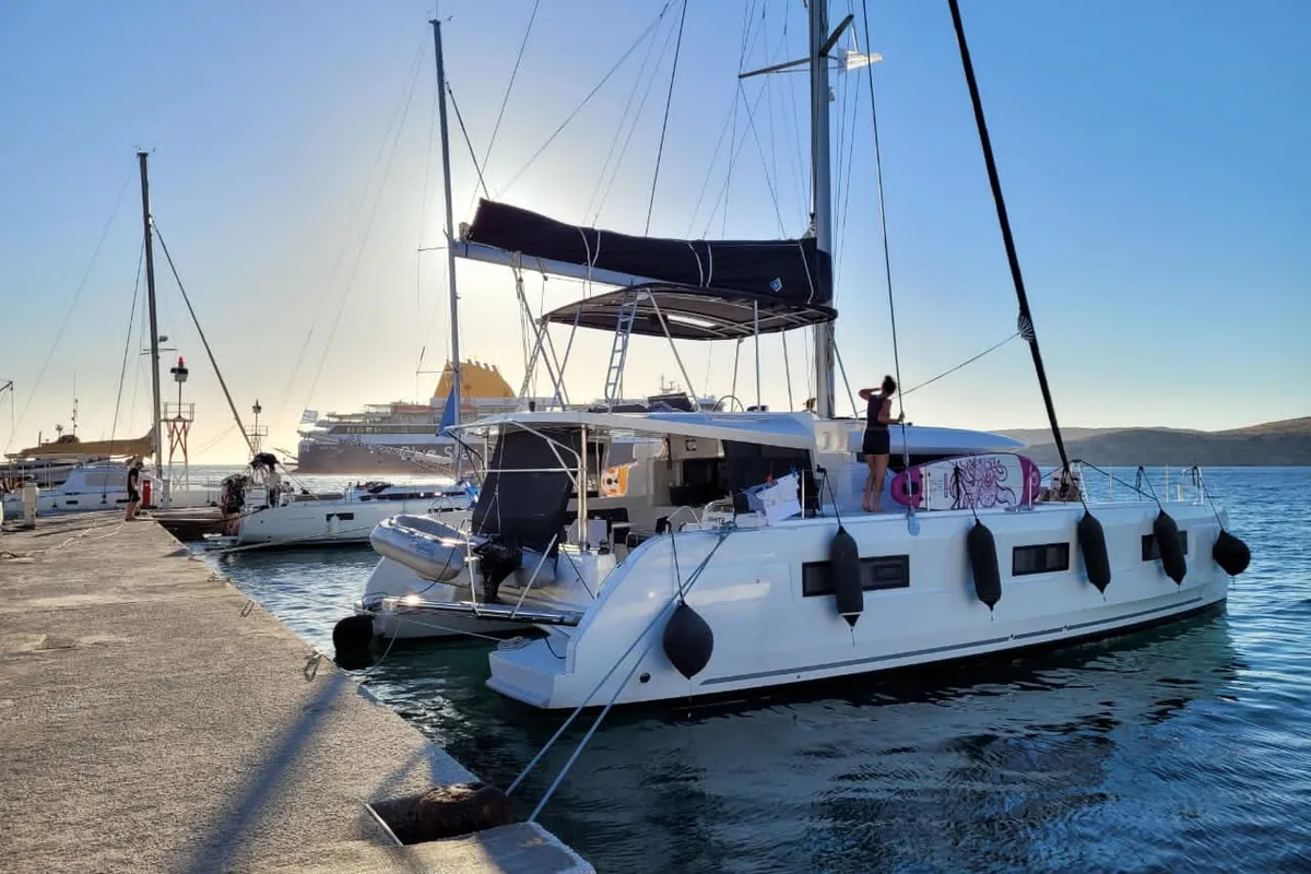 Exterior view of White Pearl, a Lagoon 46 catamaran at Athens, Greece