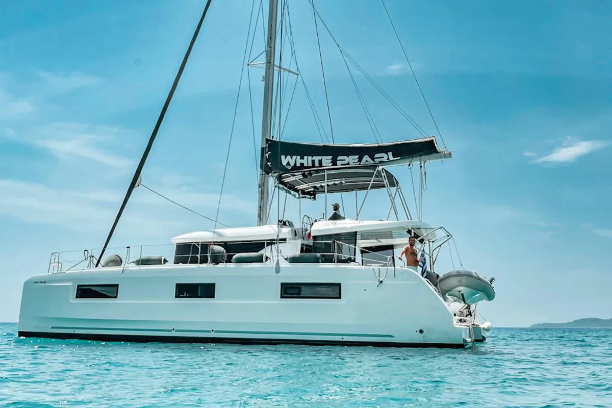 Exterior view of White Pearl, a Lagoon 46 catamaran at Athens, Greece